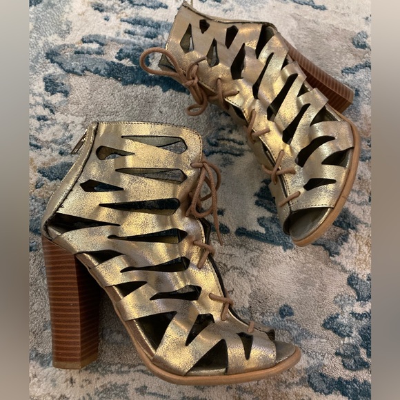Call It Spring Gold Metallic Bootie Lace Up Block High Heels Zip Up Chunky | 7.5 - Picture 10 of 15